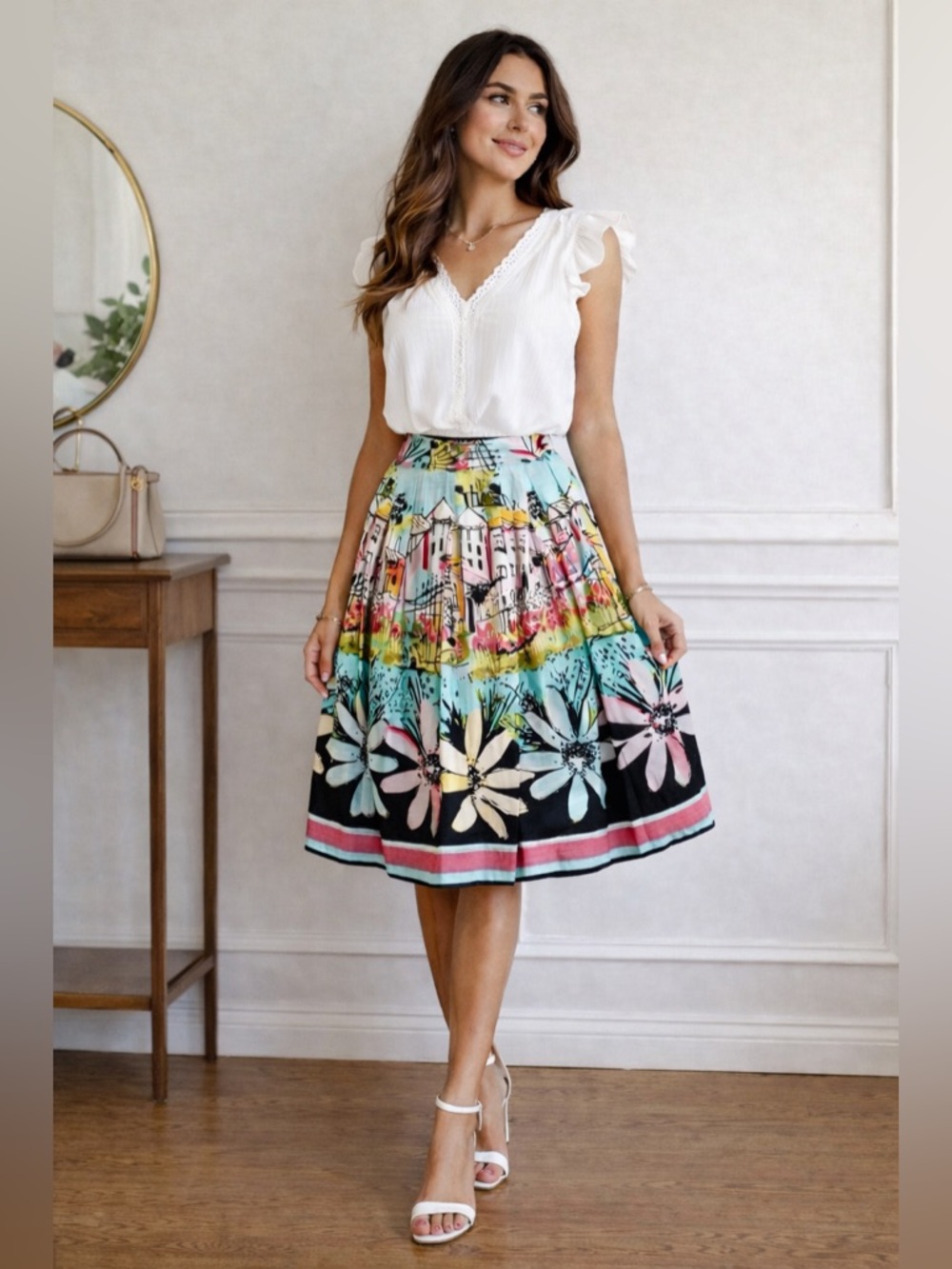 i.e Colorful Cityscape Floral Pleated A-Line Skirt 6 Cottage Whimsical‎ Spring